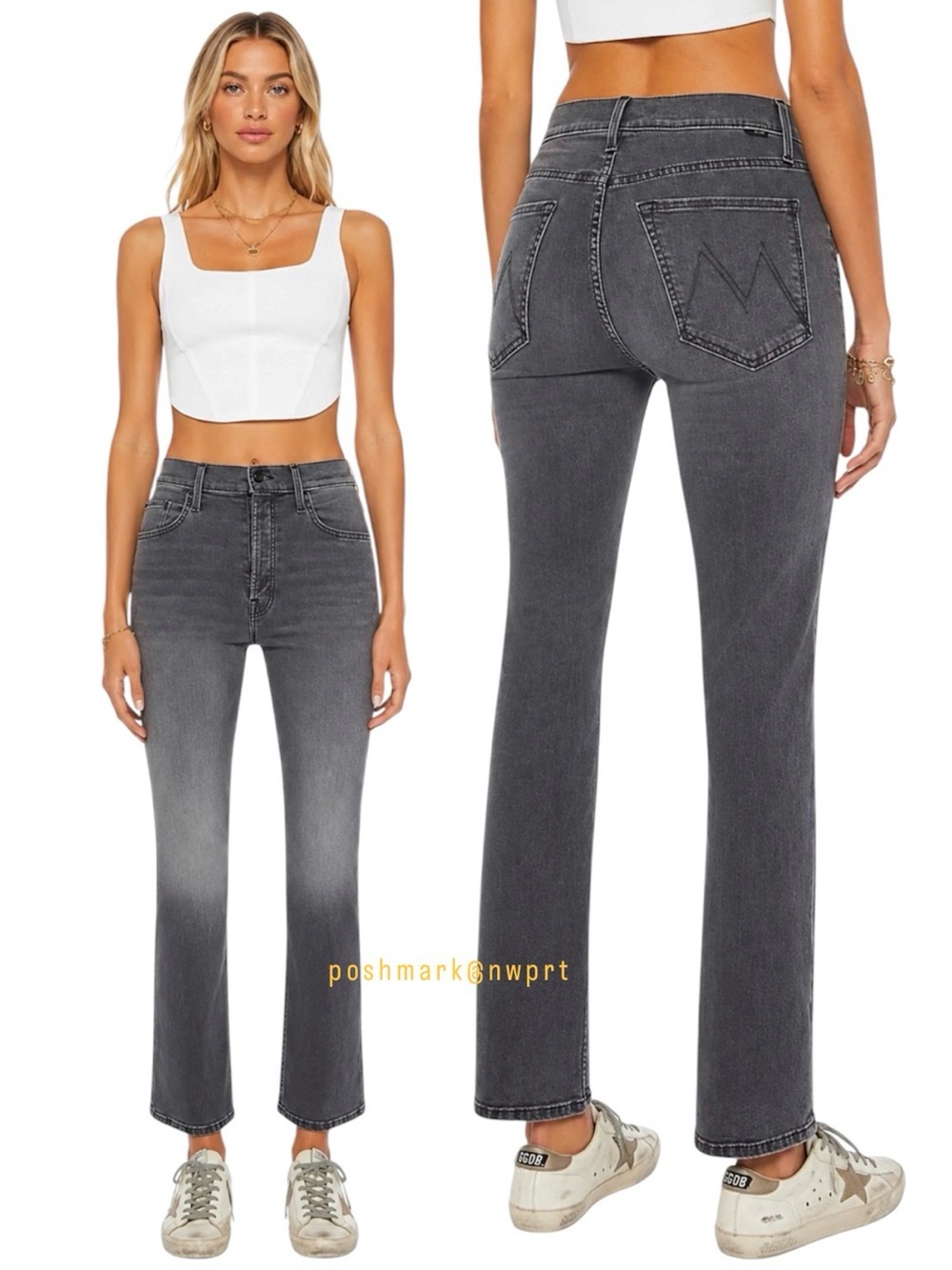 MOTHER Tripper Ankle High Waisted Lighting Up Lanterns Dark Grey Washed Black 24